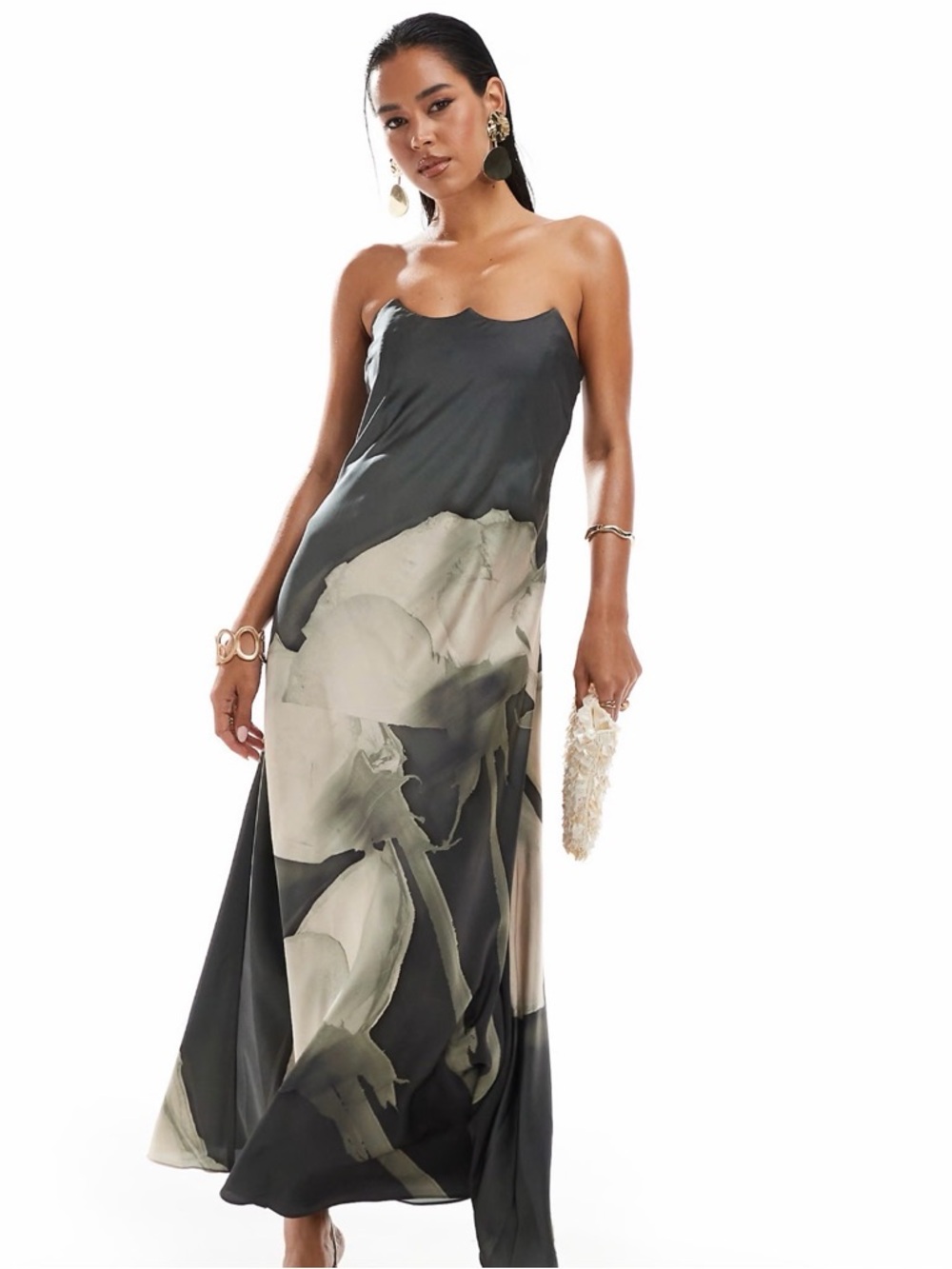 ASOS Charcoal and Cream Strapless Floral Maxi Dress